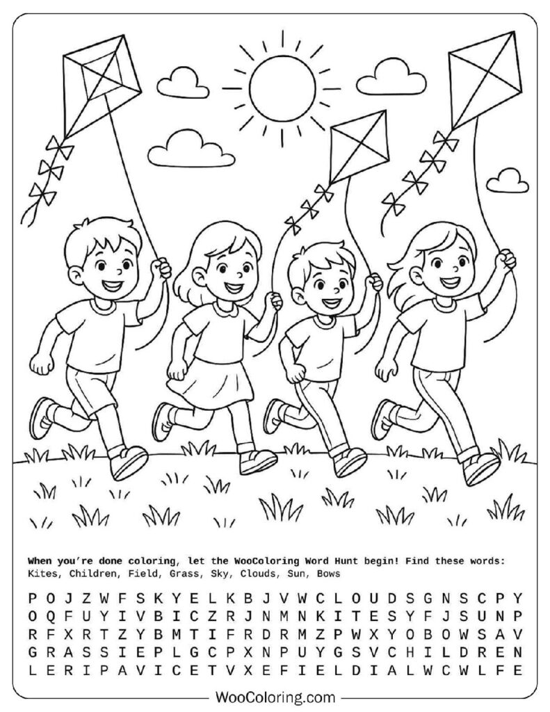 Summer coloring page of children running with kites in grassy field under sunny sky