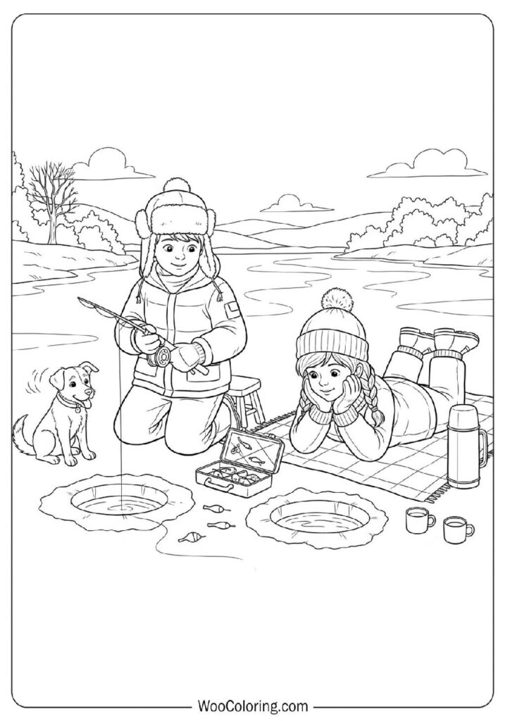 Children Ice Fishing Together Beside a Calm and Frozen River