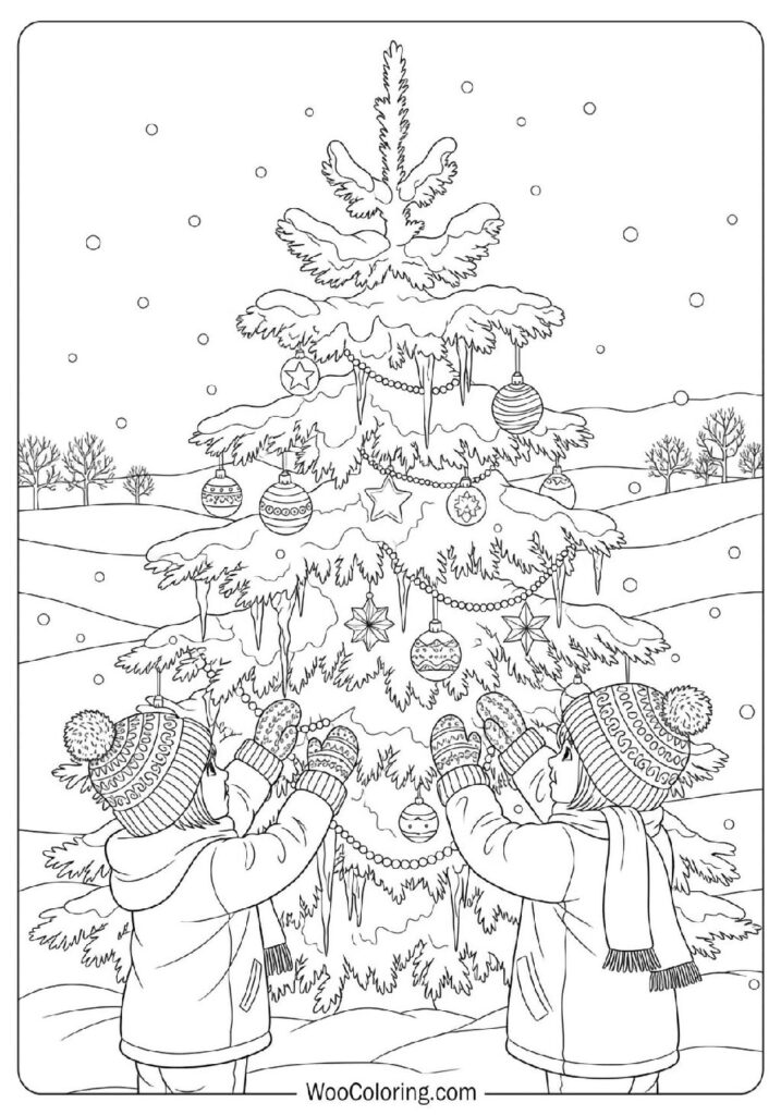 Children Joyfully Decorating a Festive Tree in the Middle of a Snowy Yard