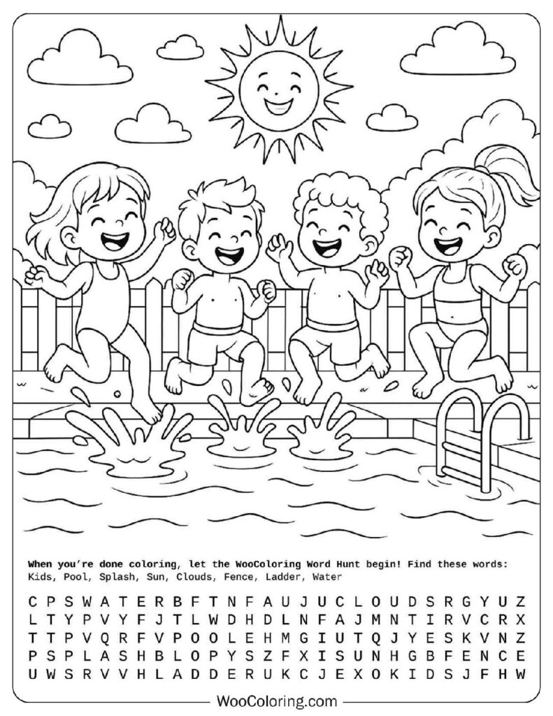 Children jumping into pool with smiling sun and clouds in a joyful summer coloring page