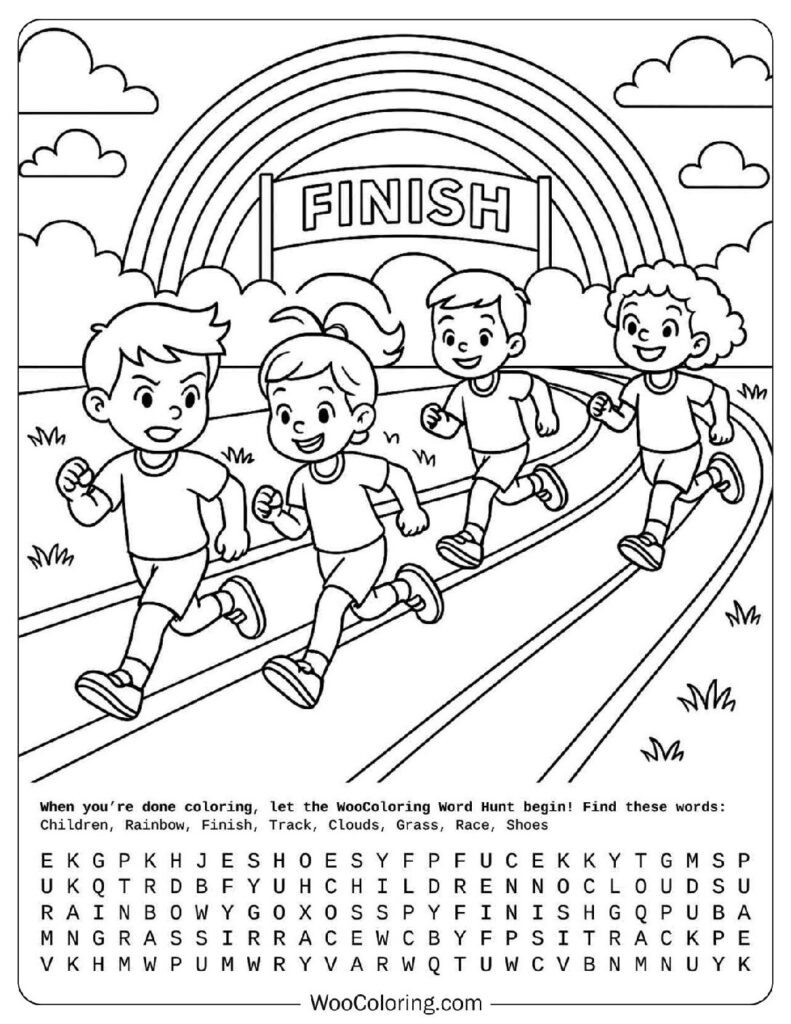 Children running on track toward finish line under rainbow in energetic summer coloring page