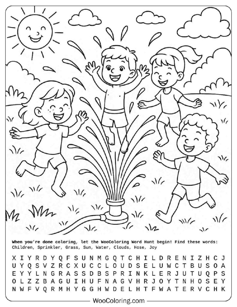 Children playing in sprinkler under sun on grassy field in summer coloring page with smiling faces