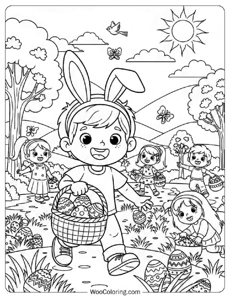 Children on an Exciting Easter Egg Hunt in the Park Picture to Color