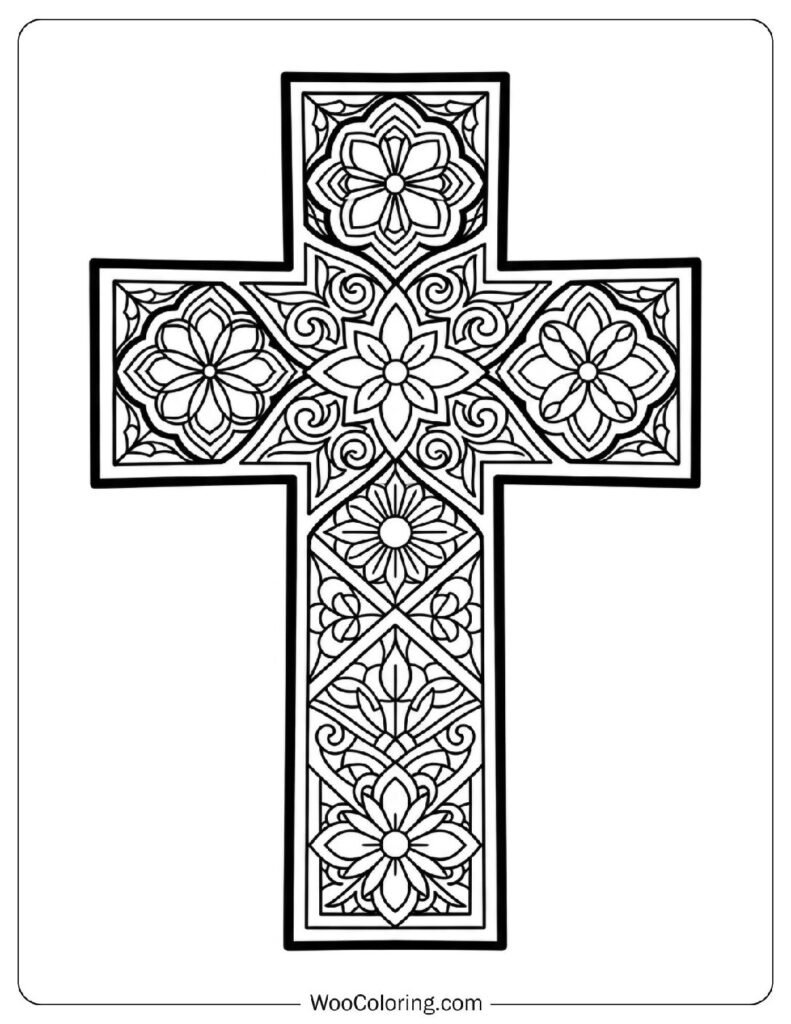 Christian Cross with Decorative Stained Glass Patterns Picture to Color