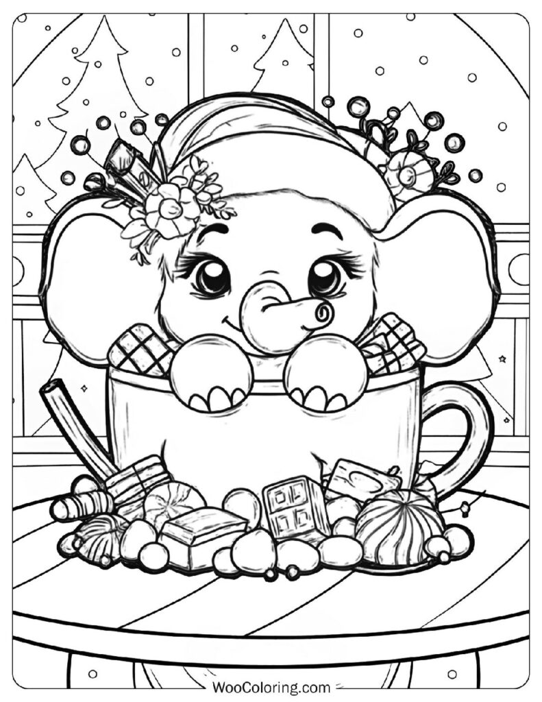Christmas Elephant Coloring Page with Hot Chocolate and Candy Canes