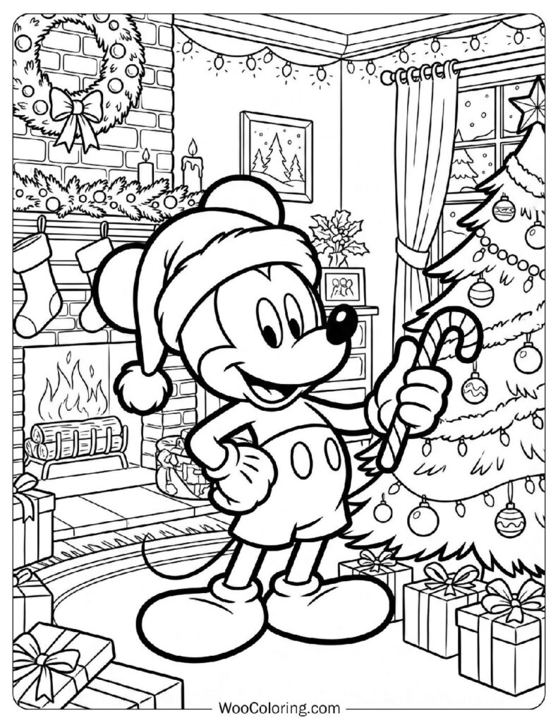 Christmas Living Room with Warm Lights and Holiday Decor Coloring Sheet for Kids