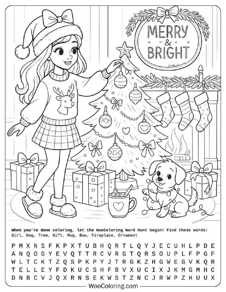 Christmas Preppy Girl Decorating Tree with Cute Puppy Coloring Picture