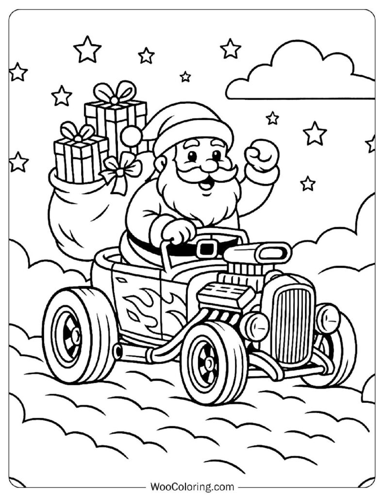 Christmas Santa Claus Driving a Hot Rod Filled with Gifts in the Sky