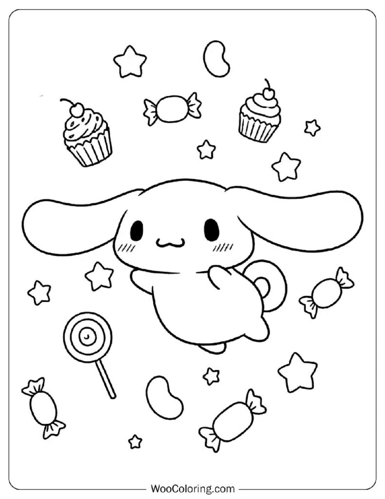 Cinnamoroll Coloring Page for Preschoolers fluffy white puppy flying joyfully through the clouds