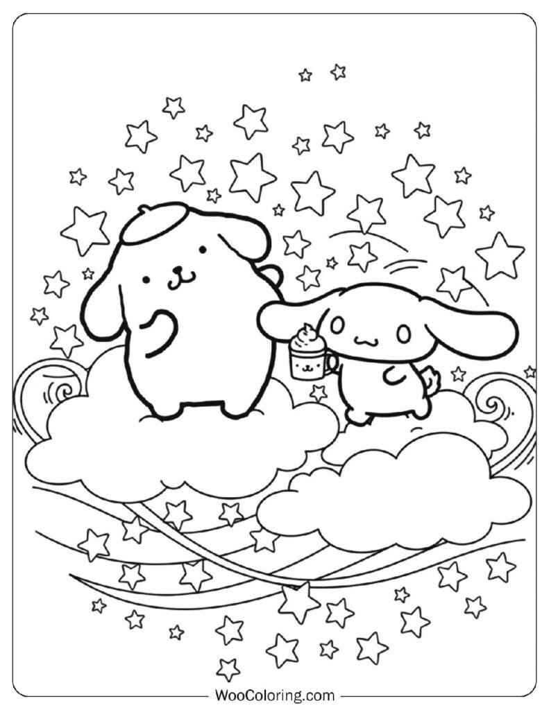 Cinnamoroll Coloring Page for Preschoolers flying beside his cheerful friend Pompompurin among fluffy clouds