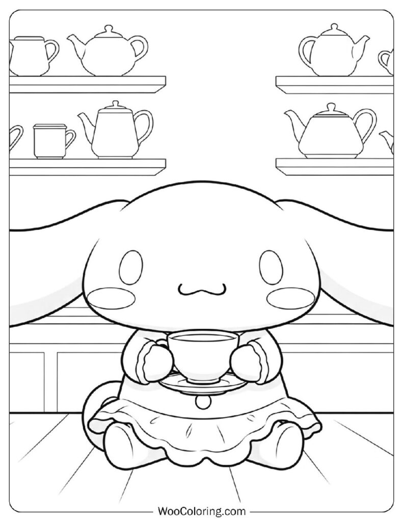 Cinnamoroll Coloring Page holding a cup of tea while thinking about his friends
