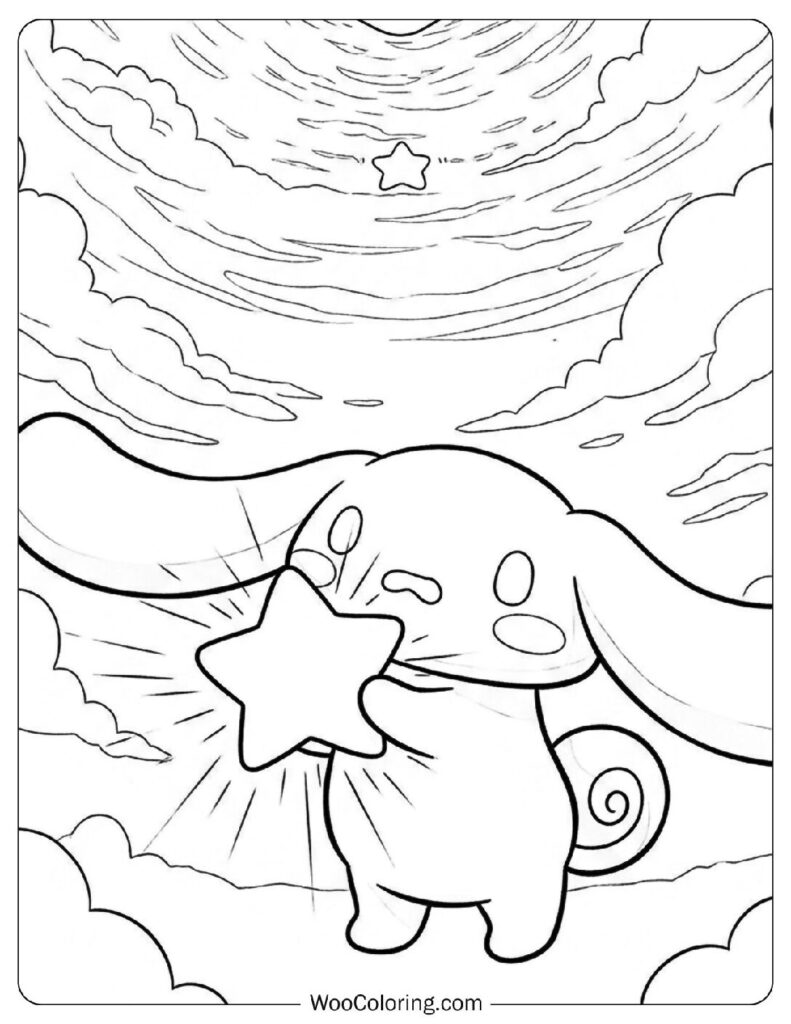 Cinnamoroll Coloring Page holding a star and whispering to his mother the blue sky