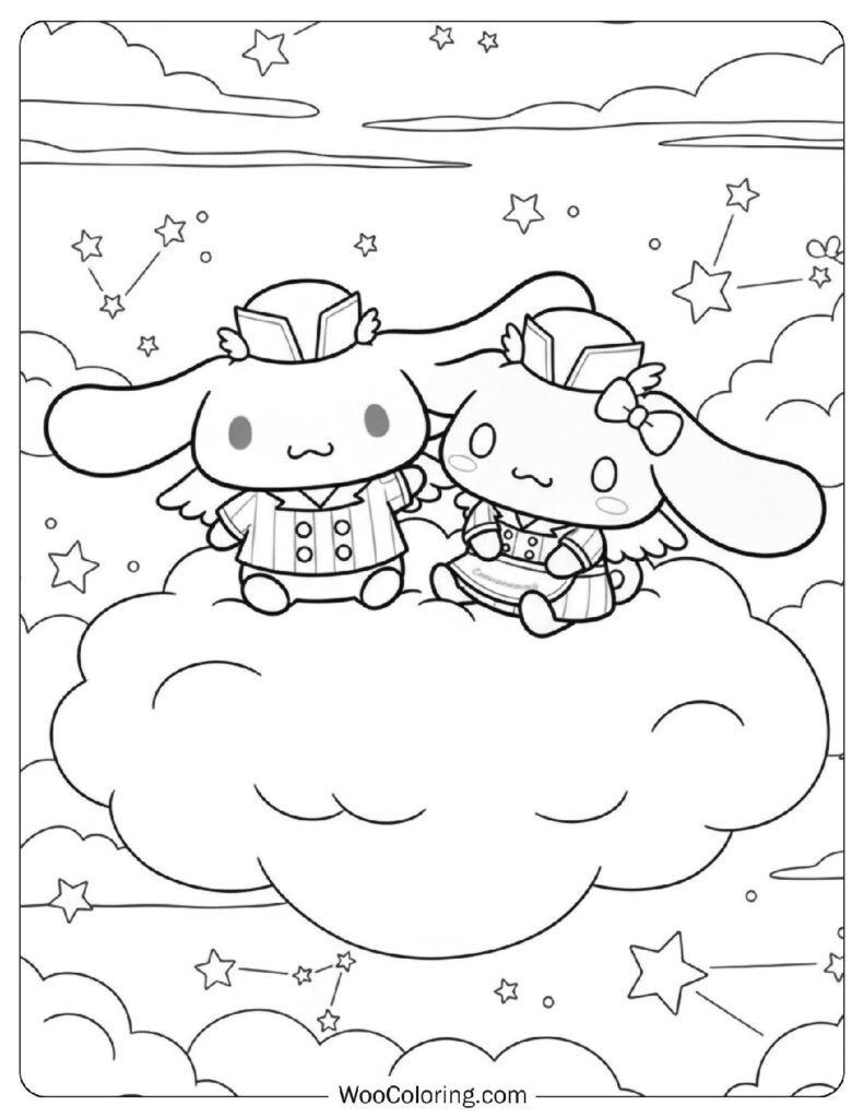 Cinnamoroll Coloring Sheet for Kids watching the stars beside his thoughtful friend Azuki