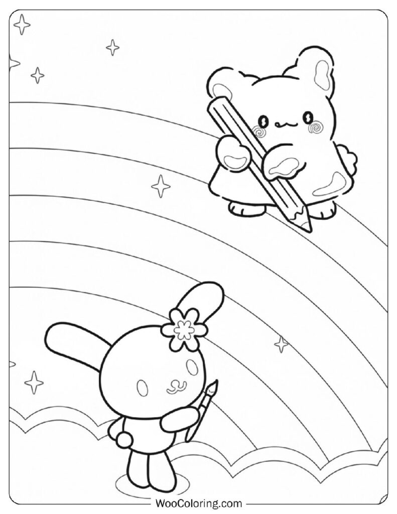 Cinnamoroll Having Fun Drawing with Hanamaruobake on a Rainbow Sky