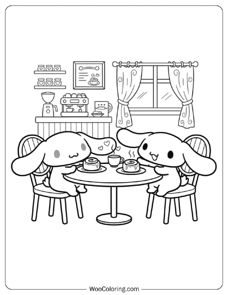 Cinnamoroll holding a tiny pastry as a gift for his friend Cappuccino