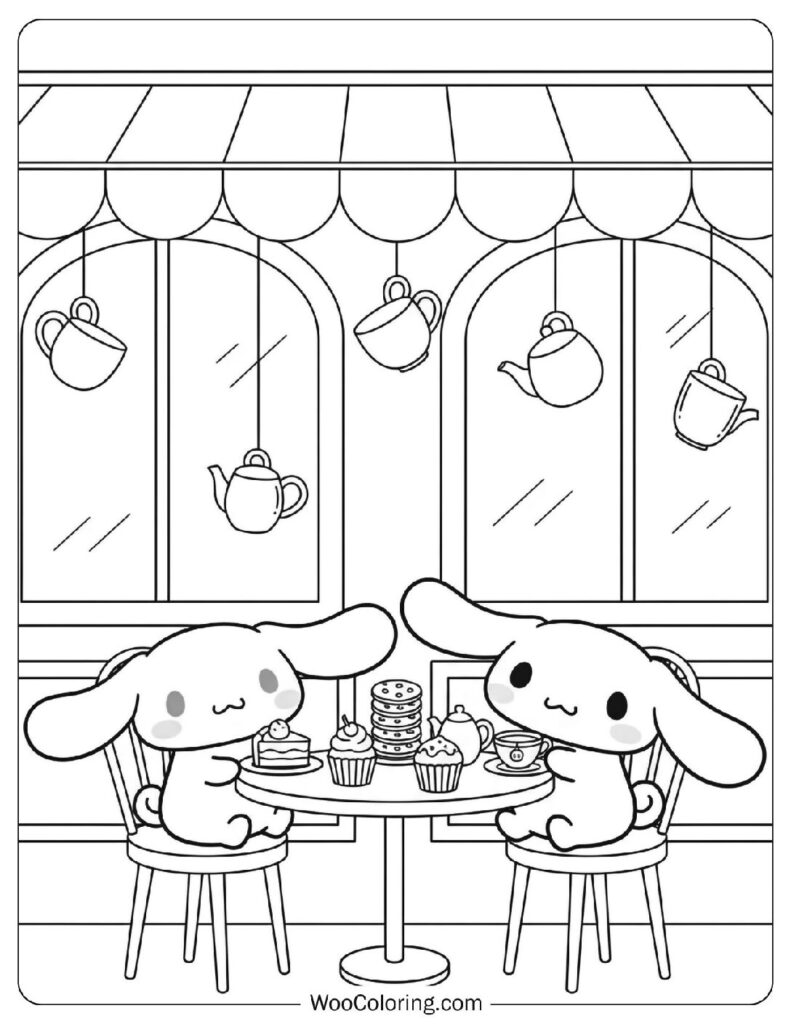 Cinnamoroll laughing beside his friend Cappuccino while sharing sweet treats