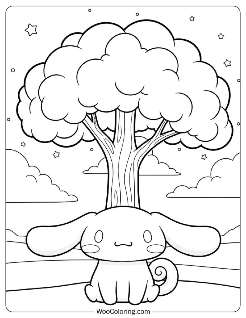 Cinnamoroll resting under a tree enjoying the calm air of the Cinnamoroll universe