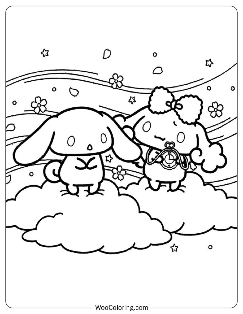 Cinnamoroll standing beside his sister Poron as the wind moves through the clouds
