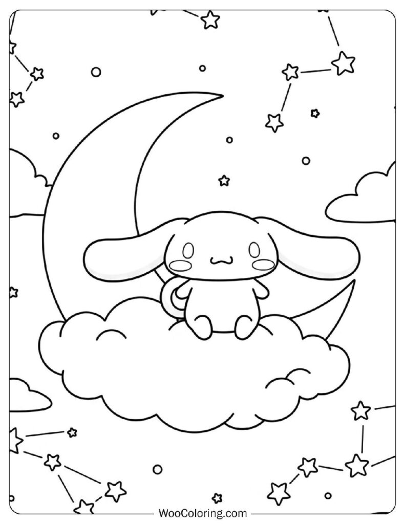 Cinnamoroll watching the moon alone surrounded by floating stars