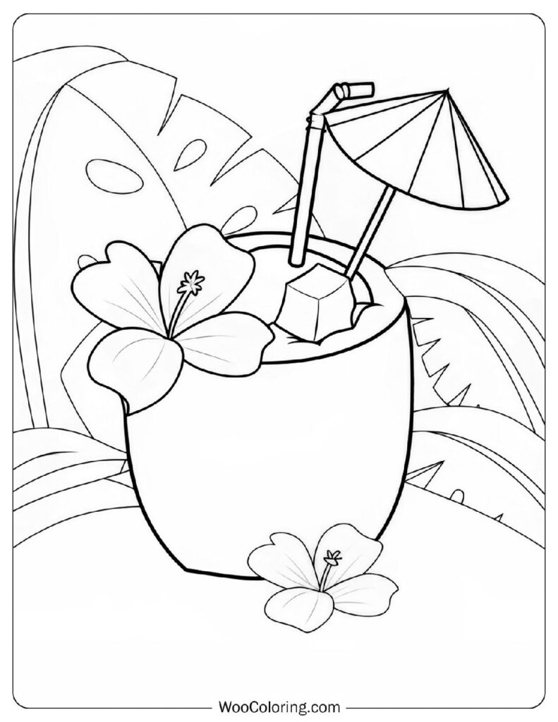 Classic Coconut Piña Colada With Flower And Mini Umbrella Coloring Sheet For Kids