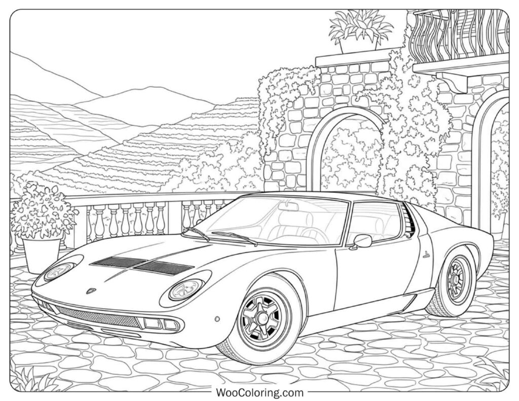 Classic Lamborghini Miura Overlooking Vineyard Hills Picture to Color