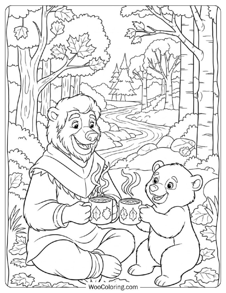 Cocoa Steam in the Woods Fall Coloring Page for Kids with Kenai and Koda