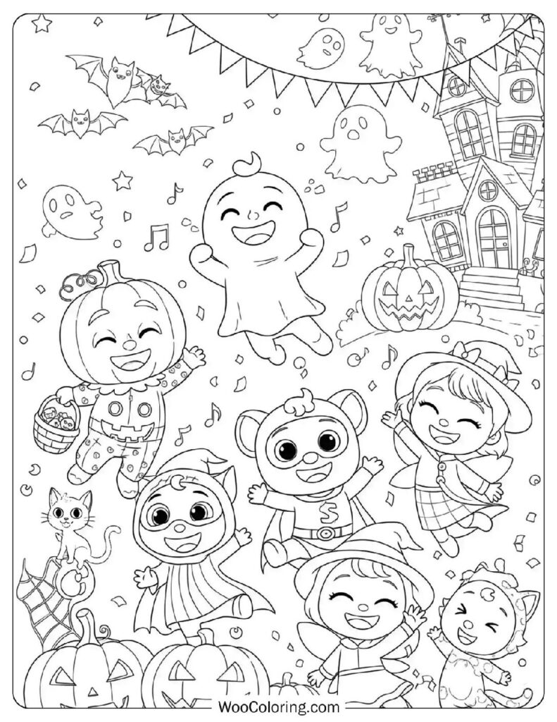 Cocomelon Halloween Party coloring page