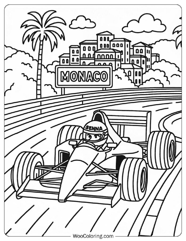 Coloring Page Of Ayrton Senna Attacking Sainte Dévote Corner at Monaco Grand Prix