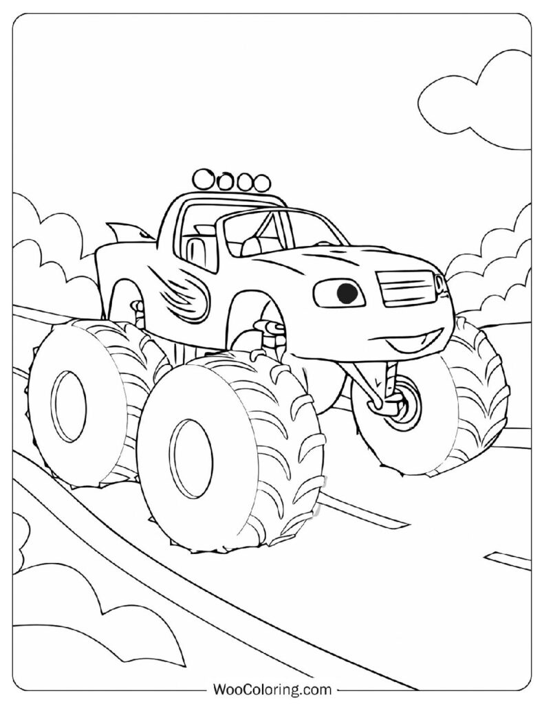 Blaze the Red Monster Truck Ready to Race Over Ramps in an Energetic Arena Coloring Page