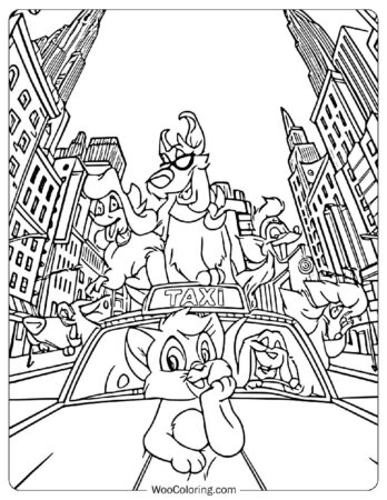 Cat Oliver and Friends from Oliver & Company on a New York Taxi Coloring Page