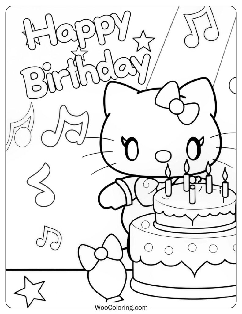Coloring Page Of Celebratory Hello Kitty Carrying Birthday Cake