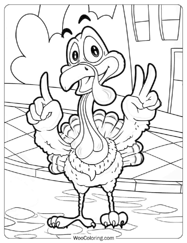 Coloring Page Of Cheerful Cartoon Turkey Enjoying Walk In Town