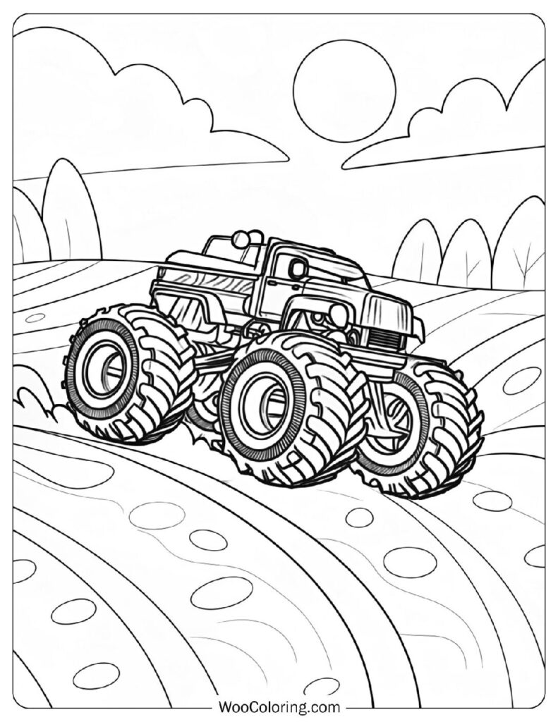 Powerful Construction Monster Truck Splashing Through Muddy Fields on a Rainy Work Day