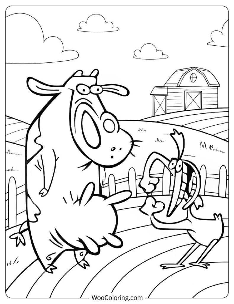 Coloring Page Of Cow And Chicken In Farm