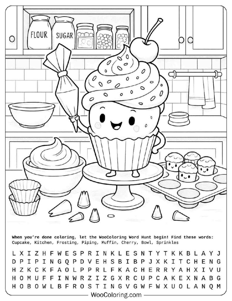 Coloring Page Of Cute Cupcake and Mini Treats