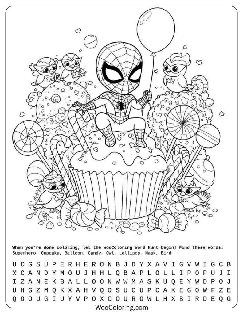 Coloring Page Of Cute Spiderman in a Candy Cupcake World