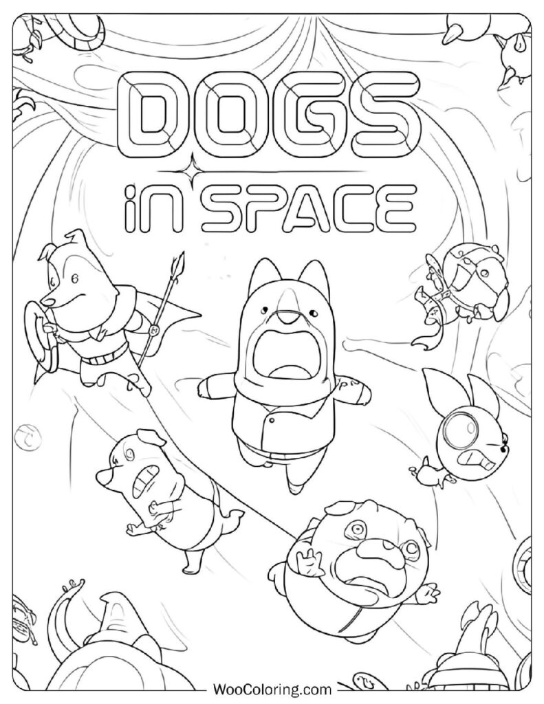 Group of Cartoon Dogs Wearing Space Suits Exploring the Galaxy Coloring Page