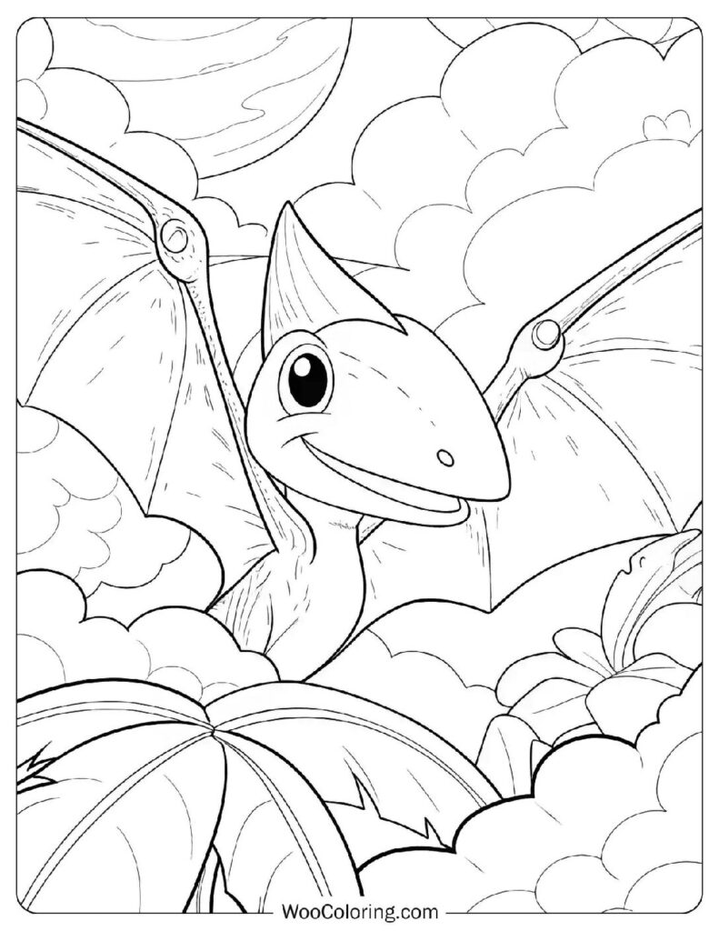 Coloring Page Of Happy Pterodactyl on a Cloudy Day