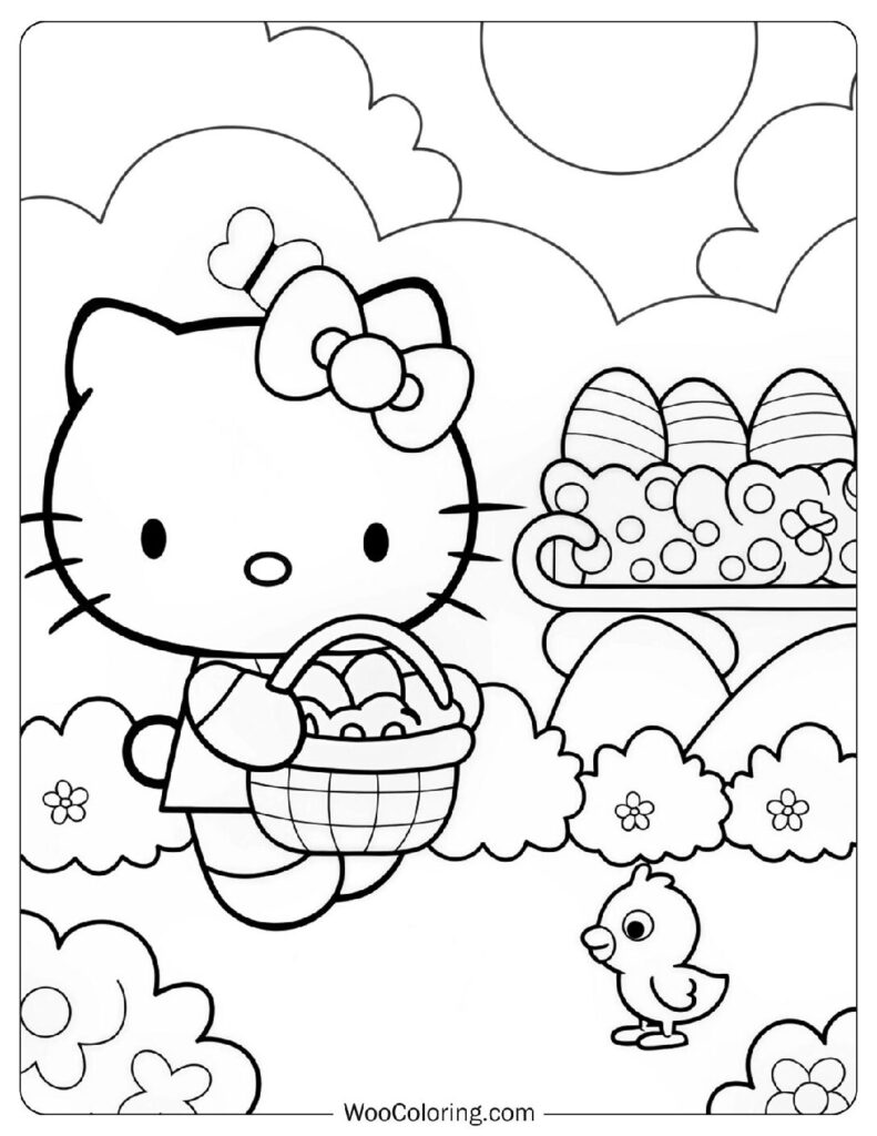 Coloring Page Of Joyful Hello Kitty Collecting Easter Eggs