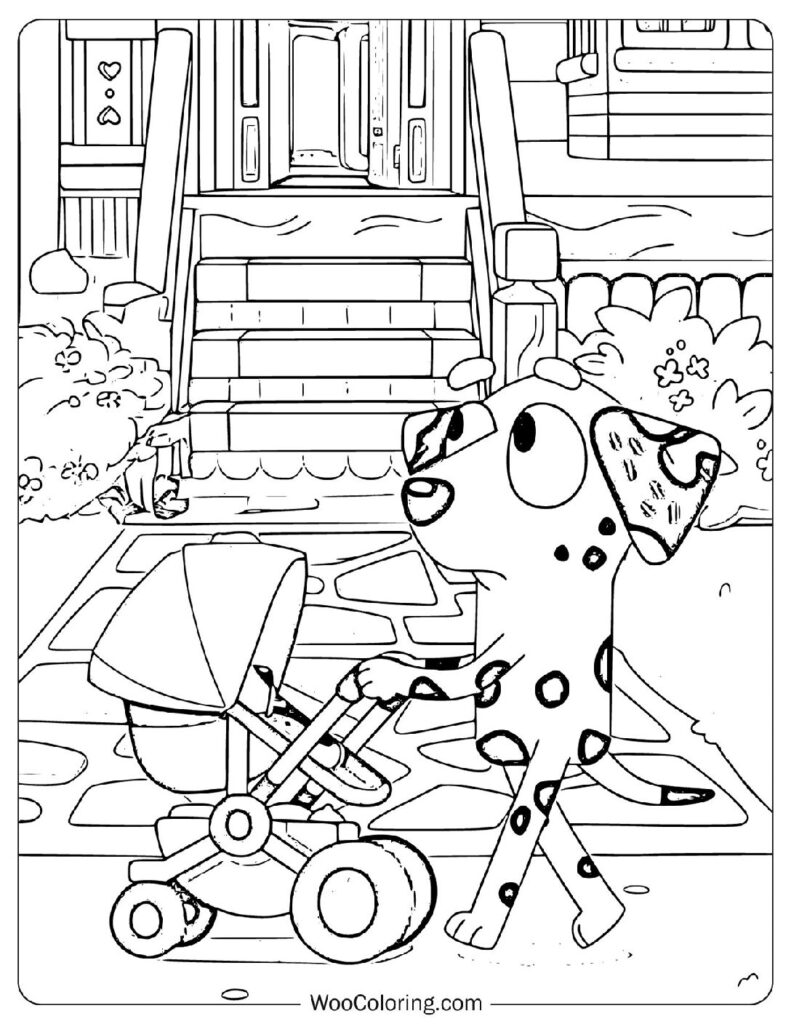 Coloring Page Of Kiwi Walking with a Baby Stroller