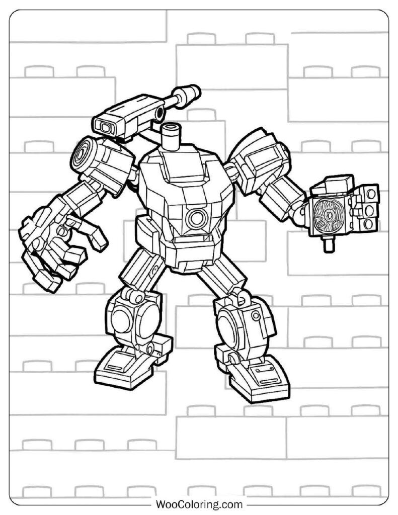 Iron Man in His High-Tech Lego Marvel Avengers Mech Suit Hovering in the Sky Coloring Page