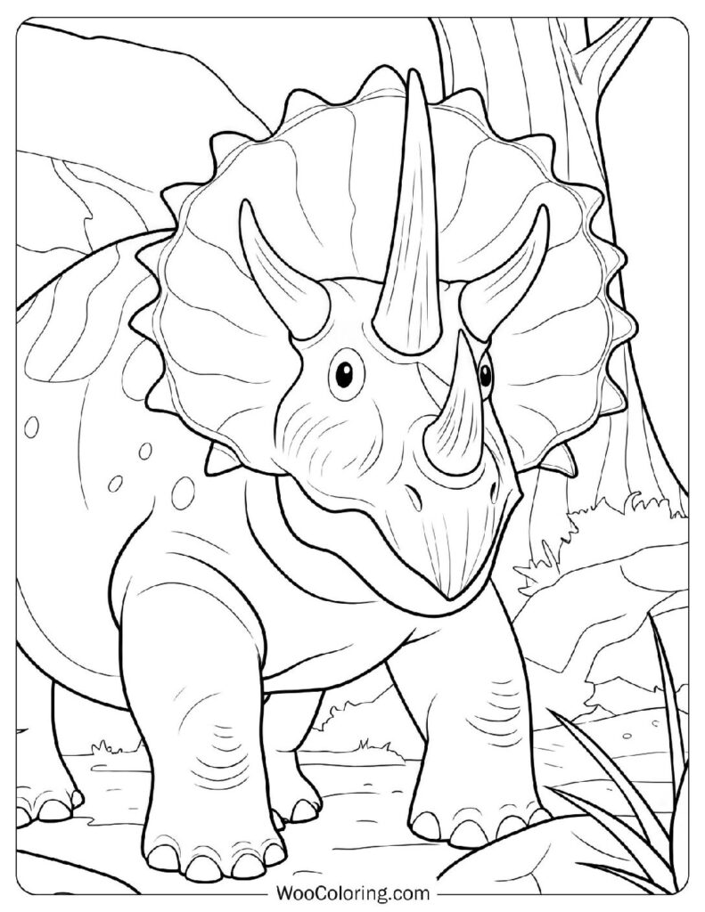 Coloring Page Of Majestic Triceratops in the Wild