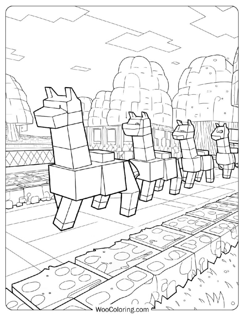 Coloring Page Of Minecraft Llama Caravan