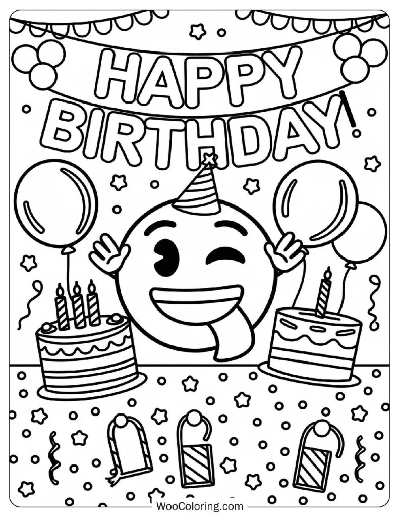 Coloring Page Of Party Emoji Happy Birthday Scene With Cakes