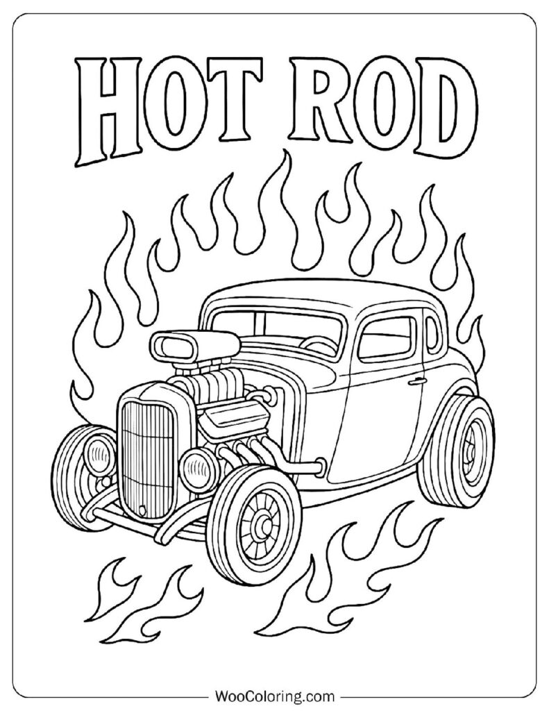 Coloring Page Of Poster Featuring Classic Hot Rod Car with Flames