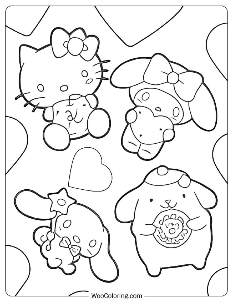 Coloring Page With Hello Kitty My Melody Cinnamoroll And Pompompurin