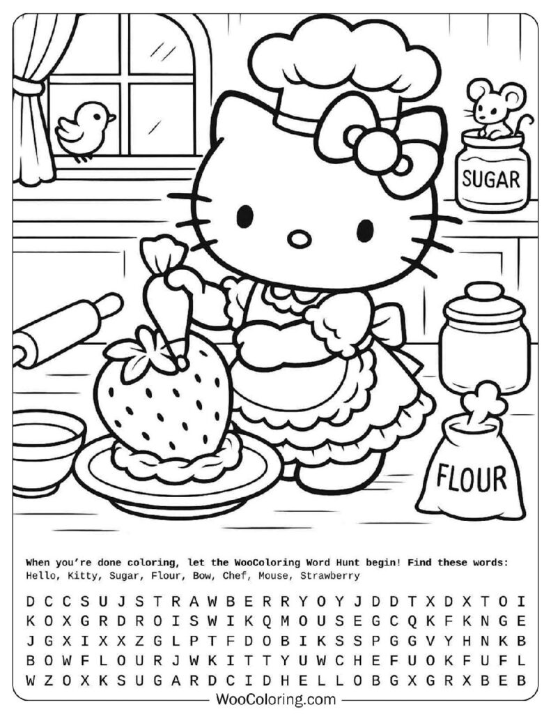 Coloring Page of Cute Hello Kitty in the Kitchen