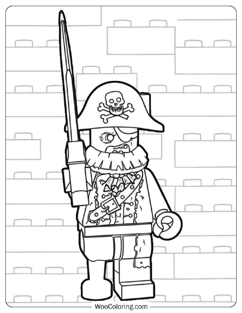 Zombie Pirate Captain from Lego Series Holding a Map and Sword on a Haunted Ship Coloring Page