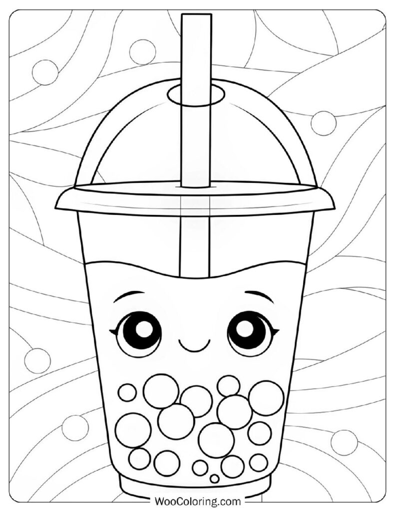 Coloring Page of a Happy Cartoon Boba Tea Smiling Bubble Tea