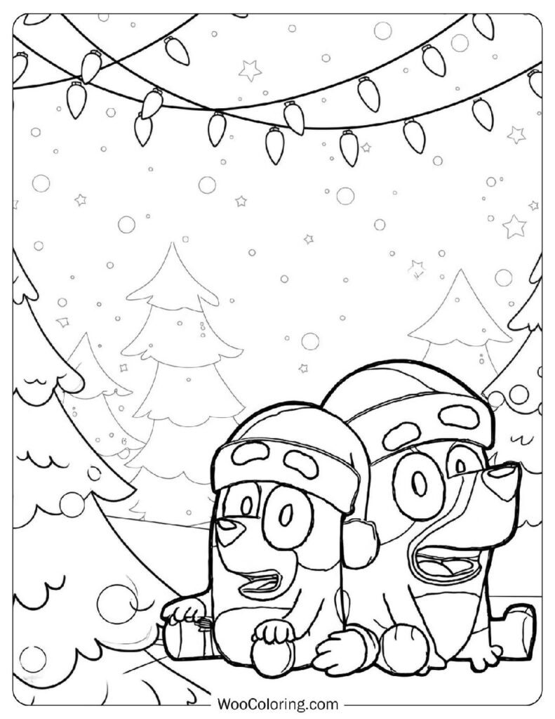 Coloring Sheet Of Bluey And Bingo By The Christmas Tree